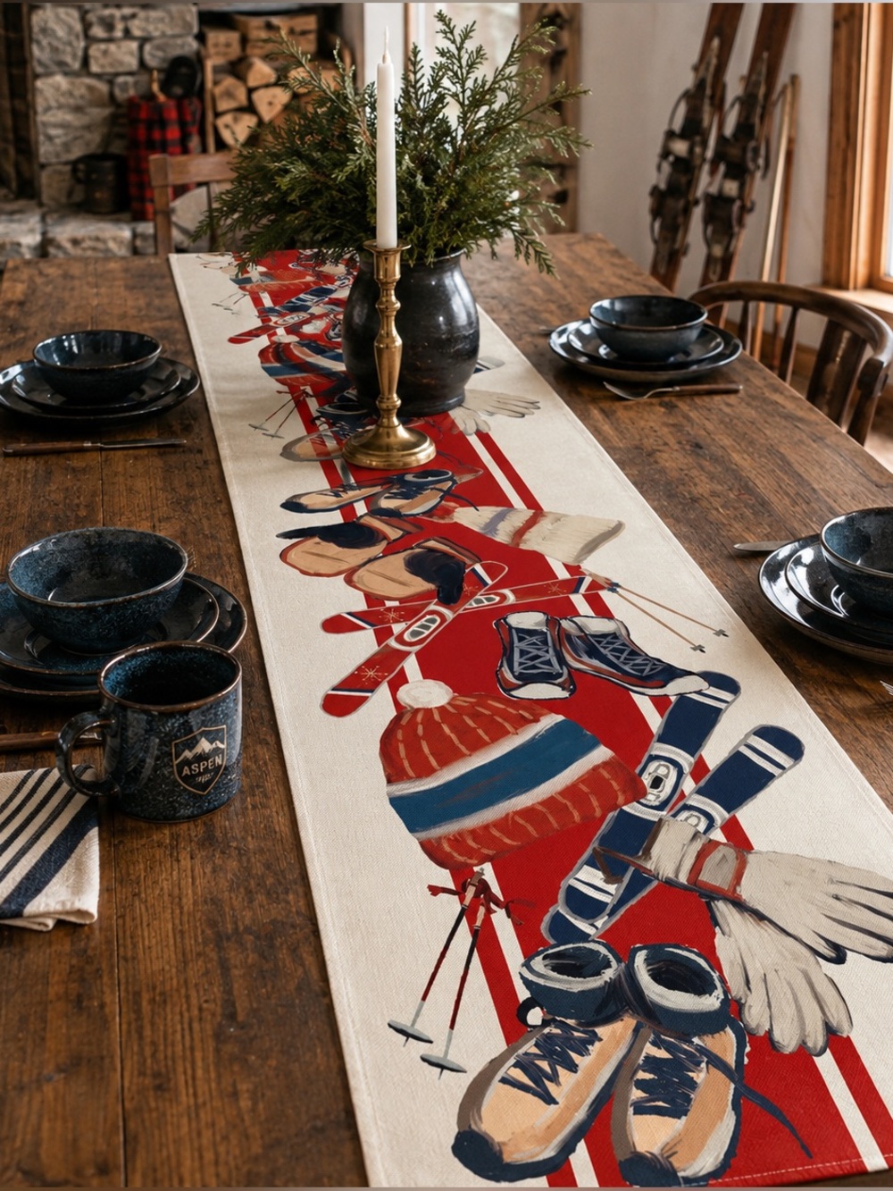 Table Runner Ski Lodge Winter Sports Après Ski Cabin Decor 13x72